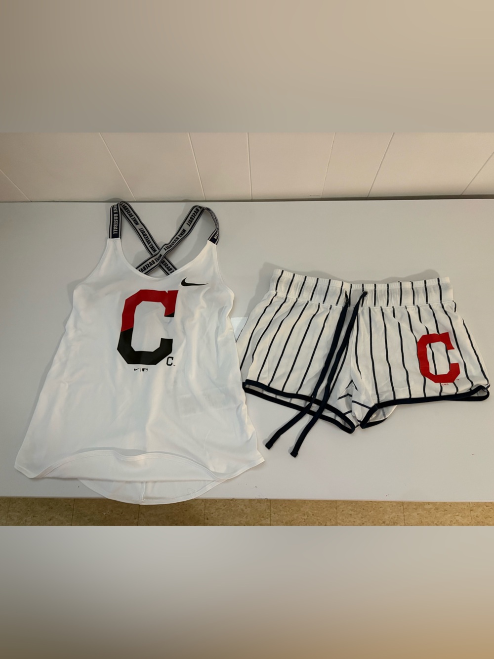 Cleveland Nike White Tank & White Striped Shorts with Red and Navy Accents